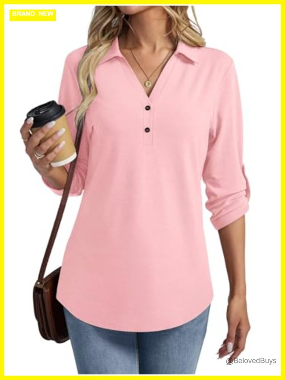 Womens 3/4 Sleeve Tunic Top Collared V Neck Rolled Sleeve T Shirt